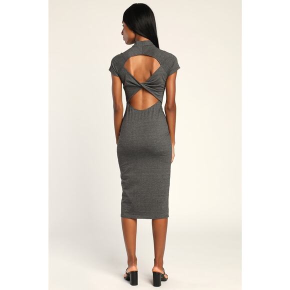 Lulus Gray Mock Neck Back Cut Out Midi Dress Size L Large - Picture 4 of 8
